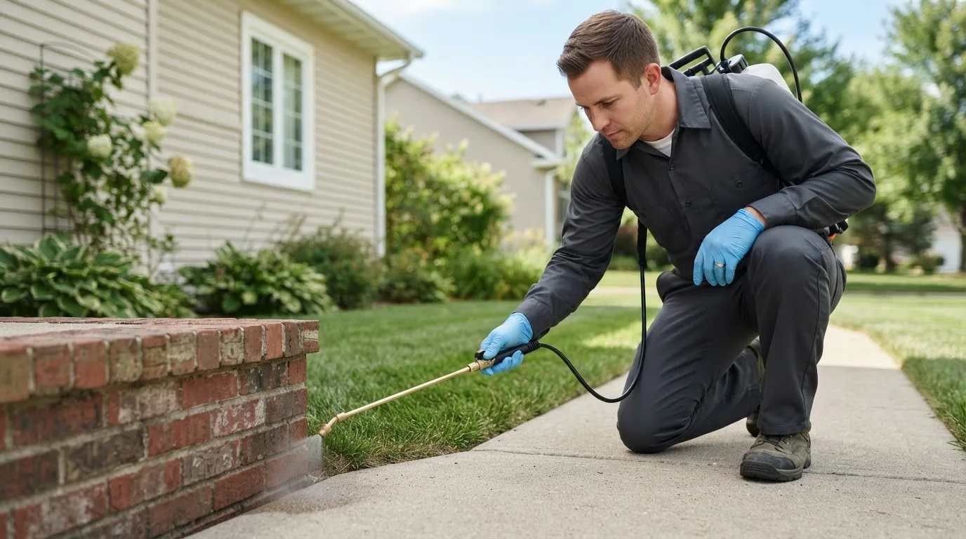 Pest control technician treating a home near Silverton, OR